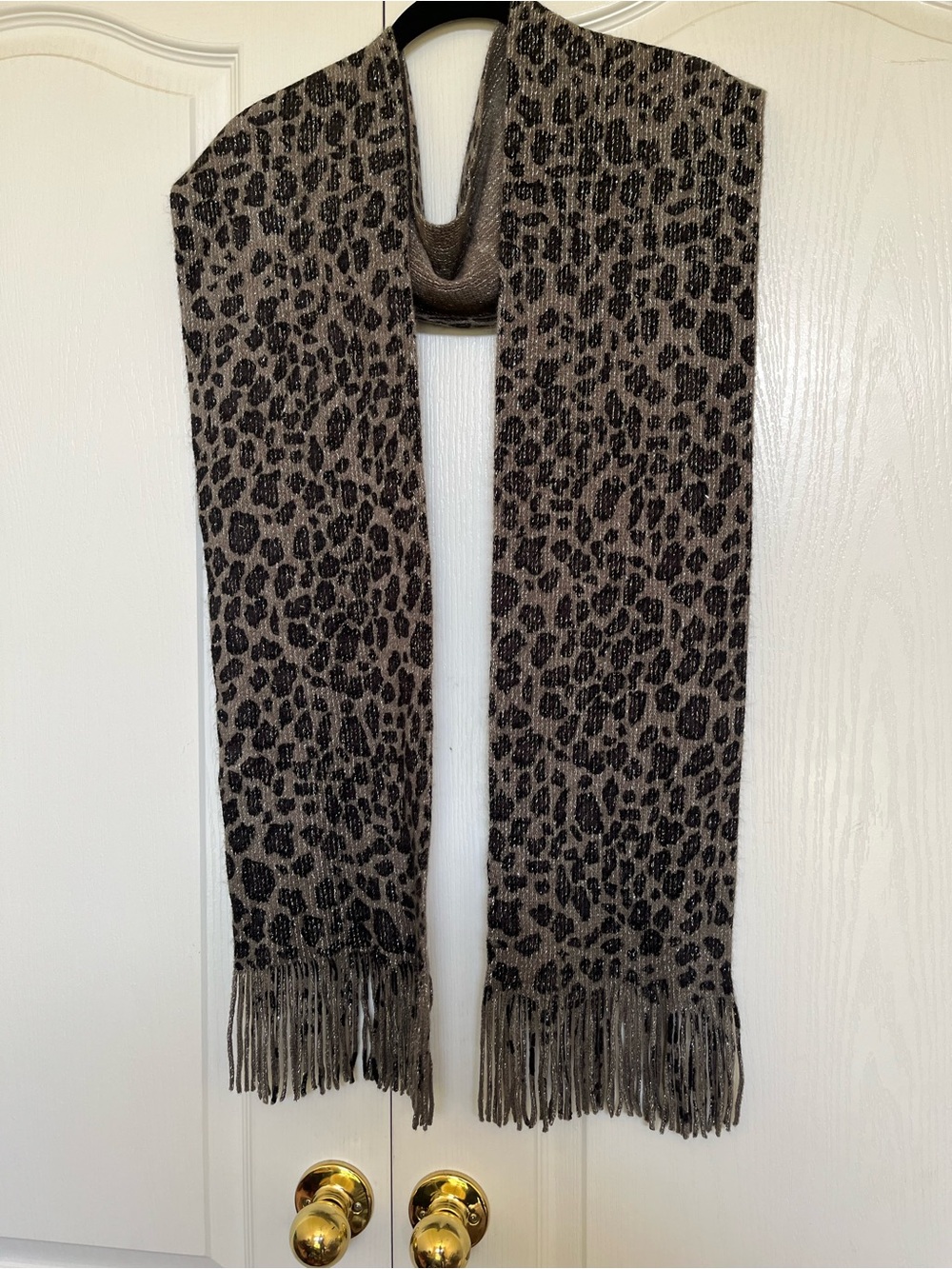 Cejon Leopard Print Fringe Scarf in Taupe and Black